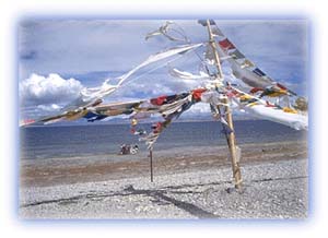 Buddhist prayer flags beside Lake Mansarovar. Credit: Stan Armington