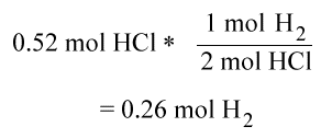 .52 moles of HCl makes 

.26 moles of H2