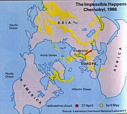 Map of Northern Hemisphere showing where the radioactive cloud travelled by May 6, 1986